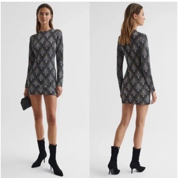 New Reiss Size Large Annie Metallic Jacquard Tunic Mini Dress Bodycon - Picture 1 of 16